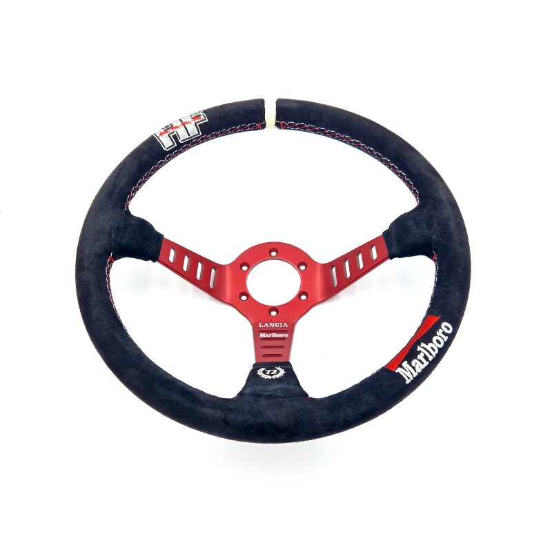 Suede steering wheel, 3 spokes, wine red, 350 mm, for Lancia Fulvia